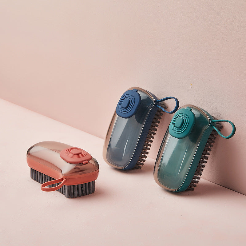 Liquid dispensing shoe cleaning brush with ergonomic grip for washing shoes, clothes, and household items trio