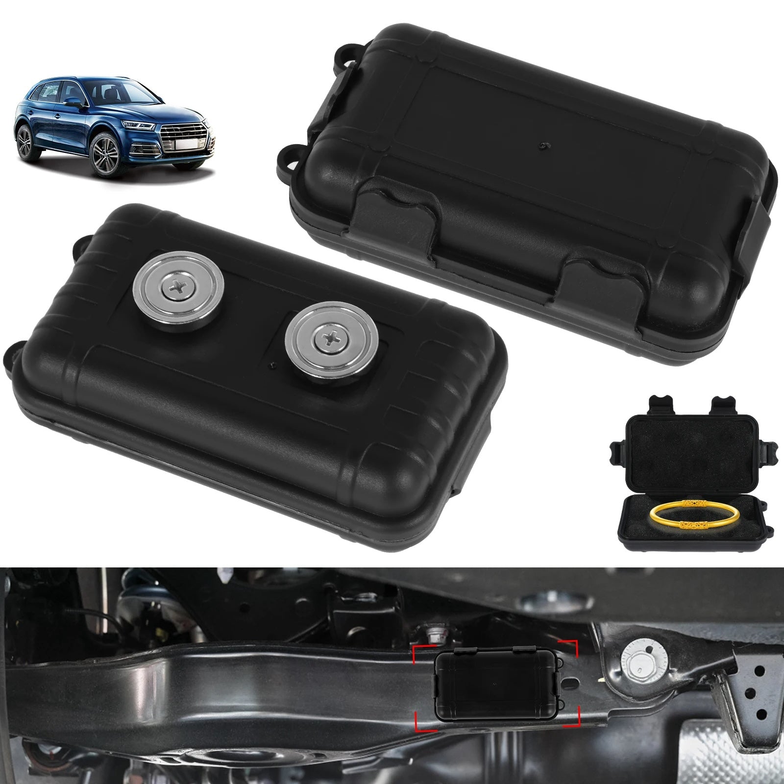Magnetic key safe box with strong magnets for hidden under car key storage depiction of use under a car