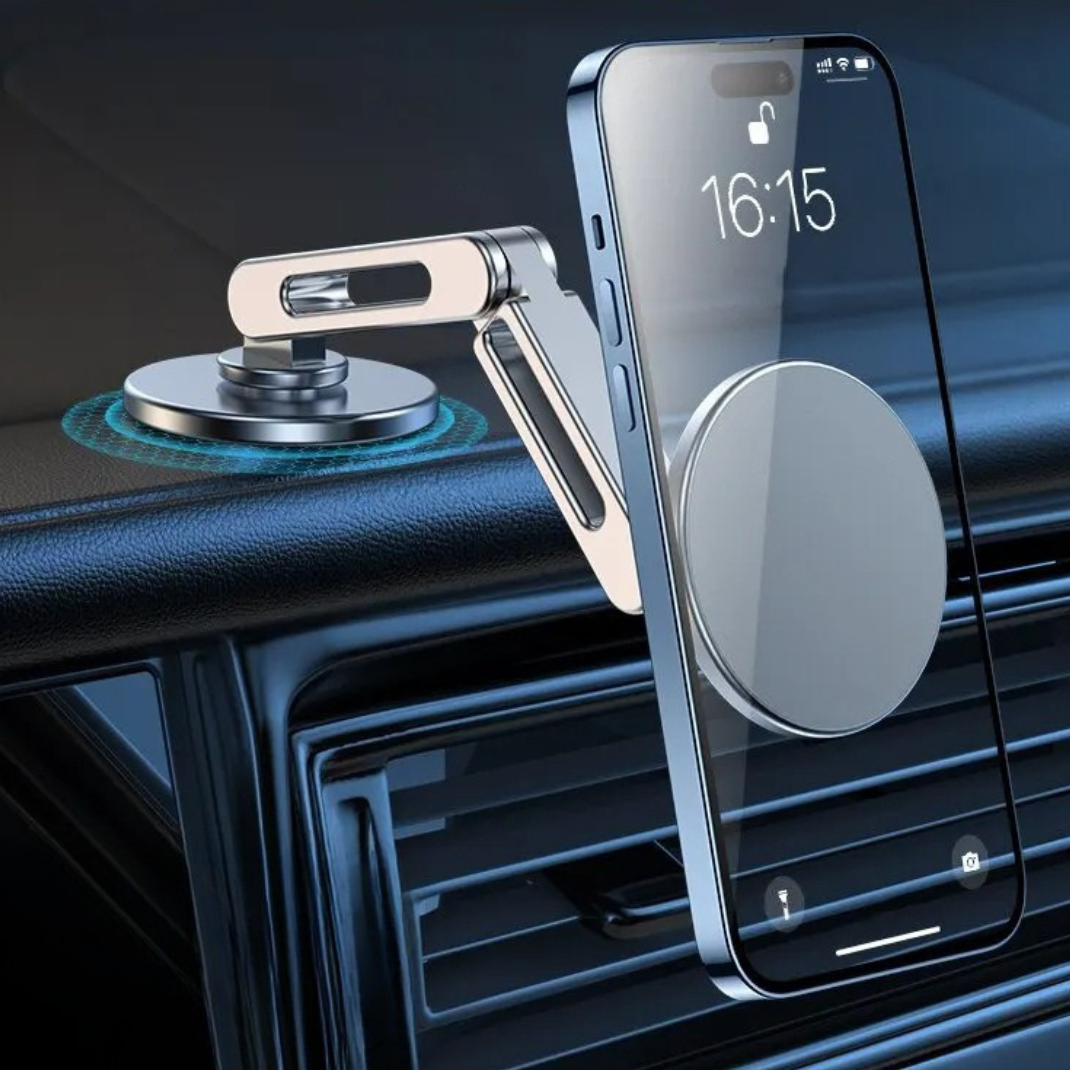 Adjustable magsafe phone holder stand with magnetic mount and rotating arm depiction of use in a car