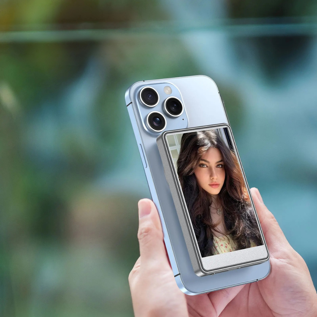 Magsafe selfie monitor screen with wireless phone mirroring for vlogging selfies and content creation depiction of use