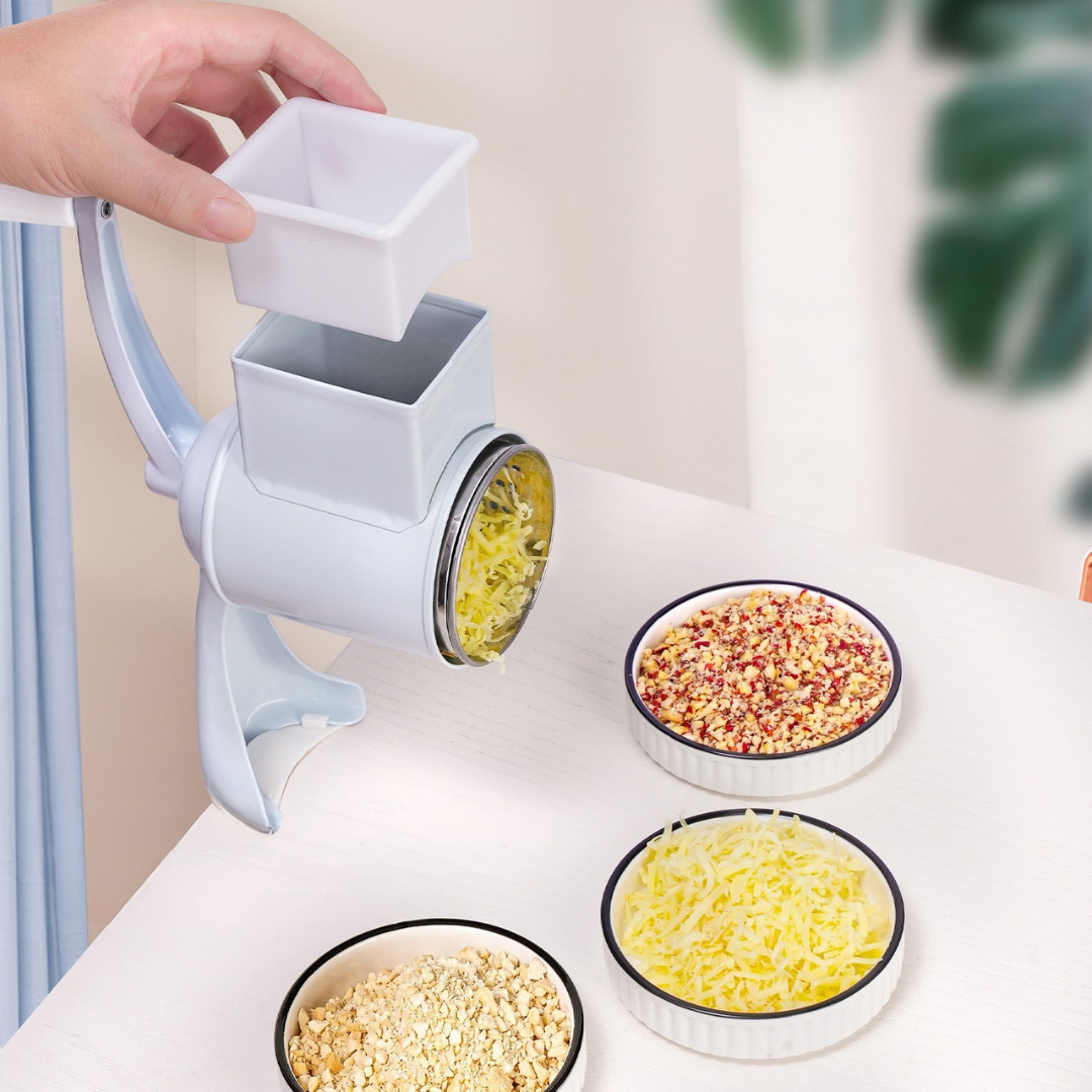 Manual cheese and nut grinder with hand crank and stainless steel blades