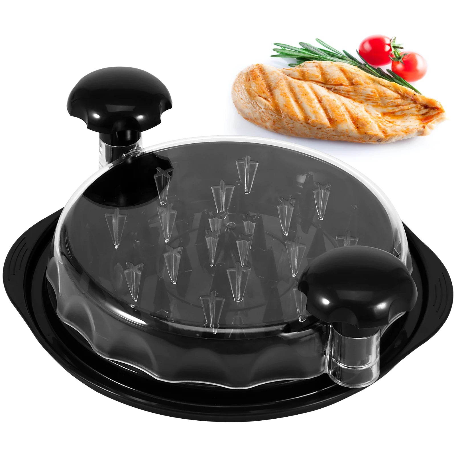 Meat shredder tool with rotating lid and anti slip base for chicken pork and beef product shot