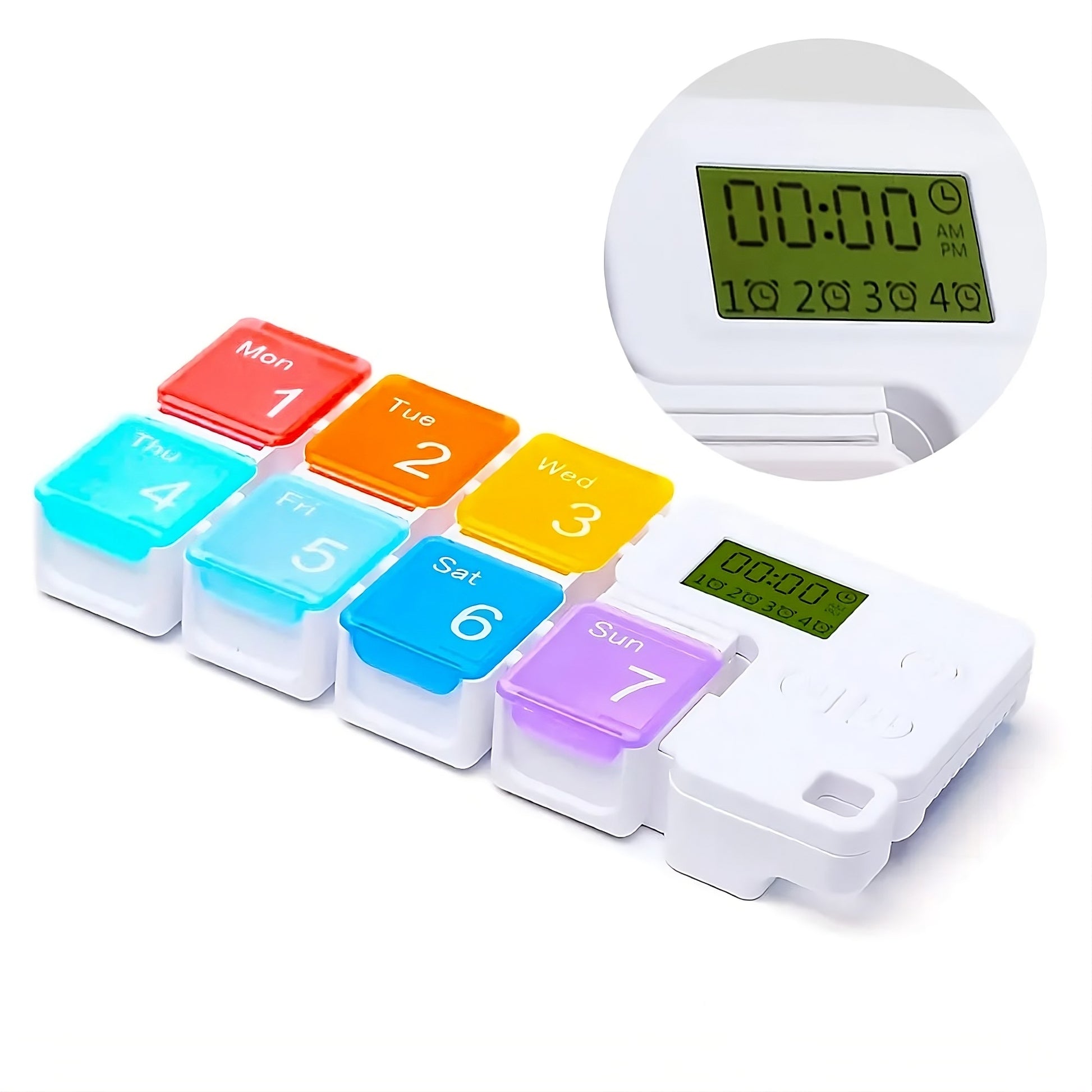 Medication pill organizer and reminder with alarm alerts large display and weekly compartments