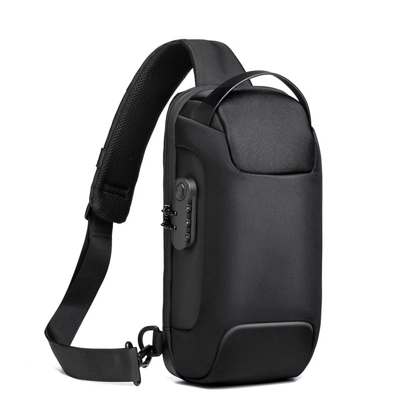 Men’s waterproof sling chest bag in black color with USB charging port and security lock made from Oxford fabric for travel and everyday carry (Color: Black)
