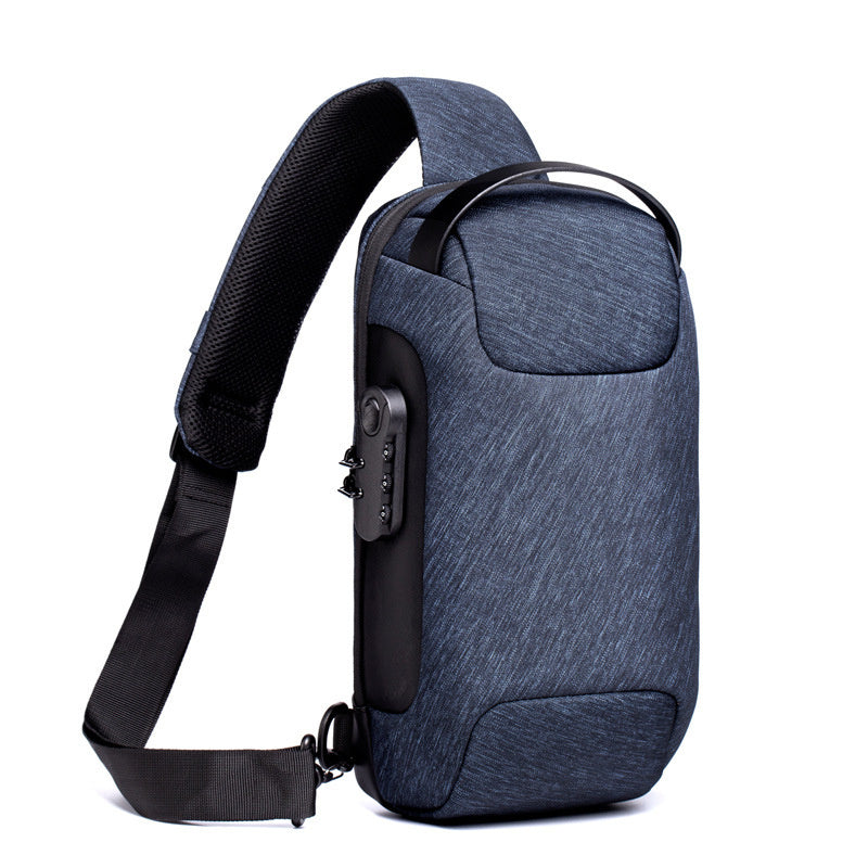 Men’s waterproof sling chest bag in blue color with USB charging port and security lock made from Oxford fabric for travel and everyday carry (Color: Blue)