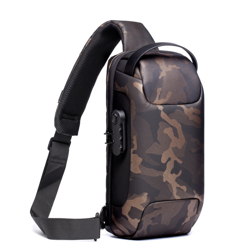 Men’s waterproof sling chest bag in camouflage color with USB charging port and security lock made from Oxford fabric for travel and everyday carry (Color: Camouflage)