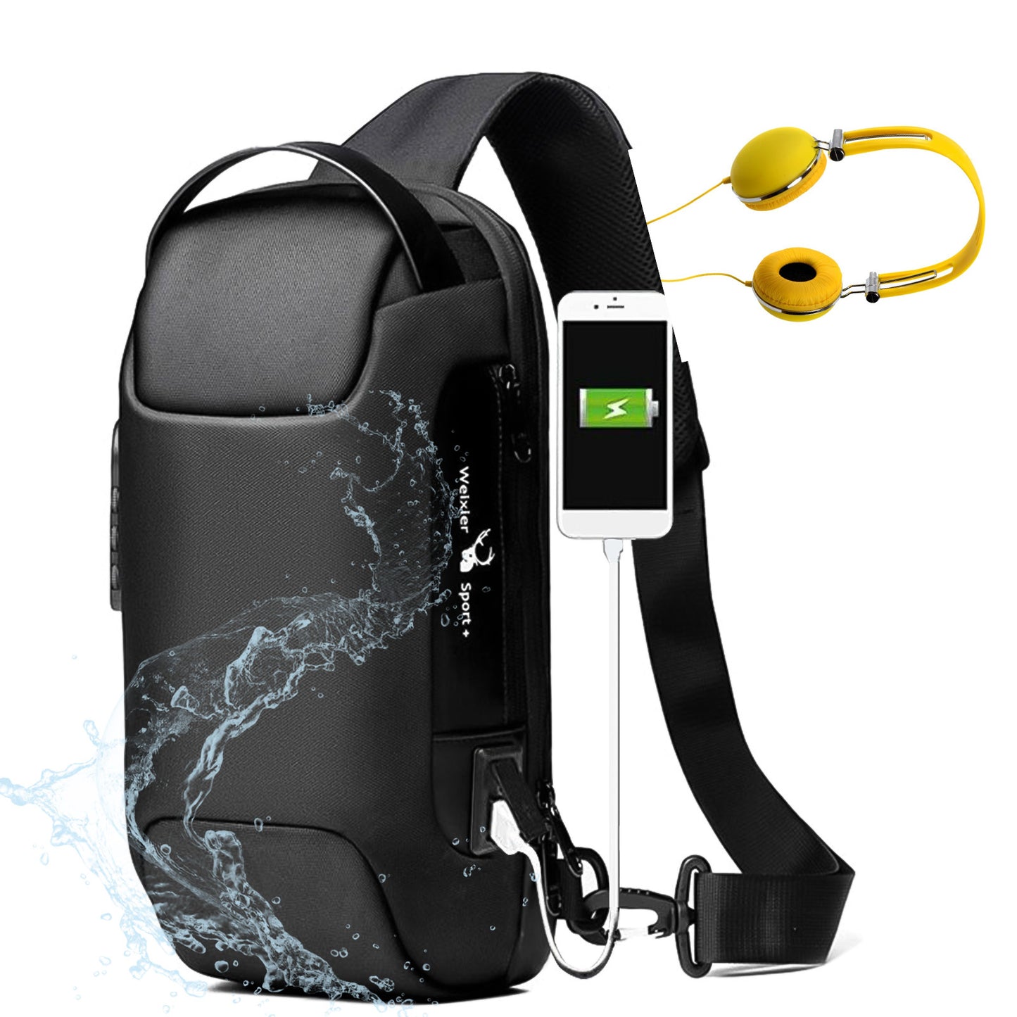 Men’s waterproof sling chest bag with USB charging port and security lock made from Oxford fabric for travel and everyday carry depiction of charging feature