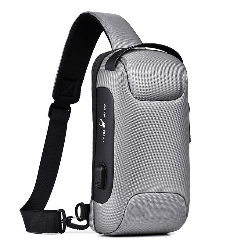 Men’s waterproof sling chest bag in gray color with USB charging port and security lock made from Oxford fabric for travel and everyday carry (Color: Gray)