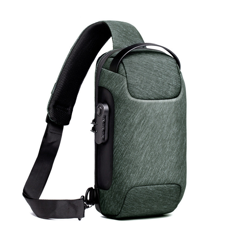 Men’s waterproof sling chest bag in green color with USB charging port and security lock made from Oxford fabric for travel and everyday carry (Color: Green)