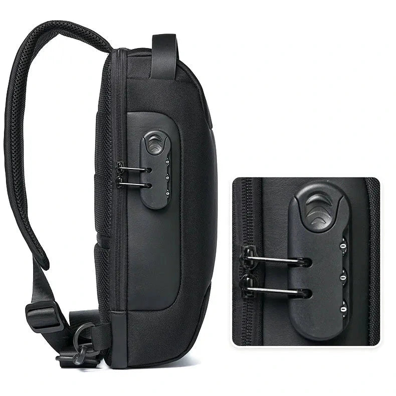 Men’s waterproof sling chest bag with USB charging port and security lock made from Oxford fabric for travel and everyday carry depiction of lock feature