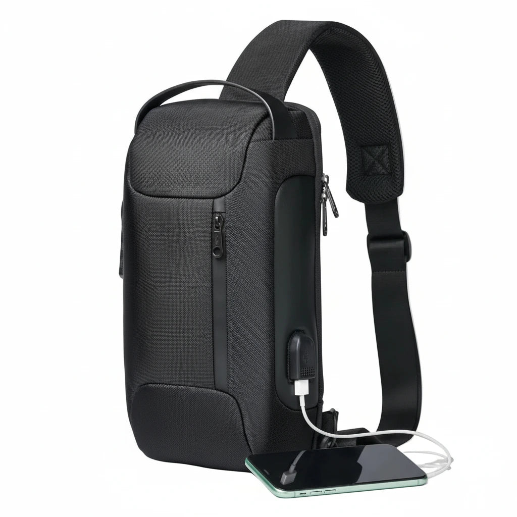 Men’s waterproof sling chest bag with USB charging port and security lock made from Oxford fabric for travel and everyday carry