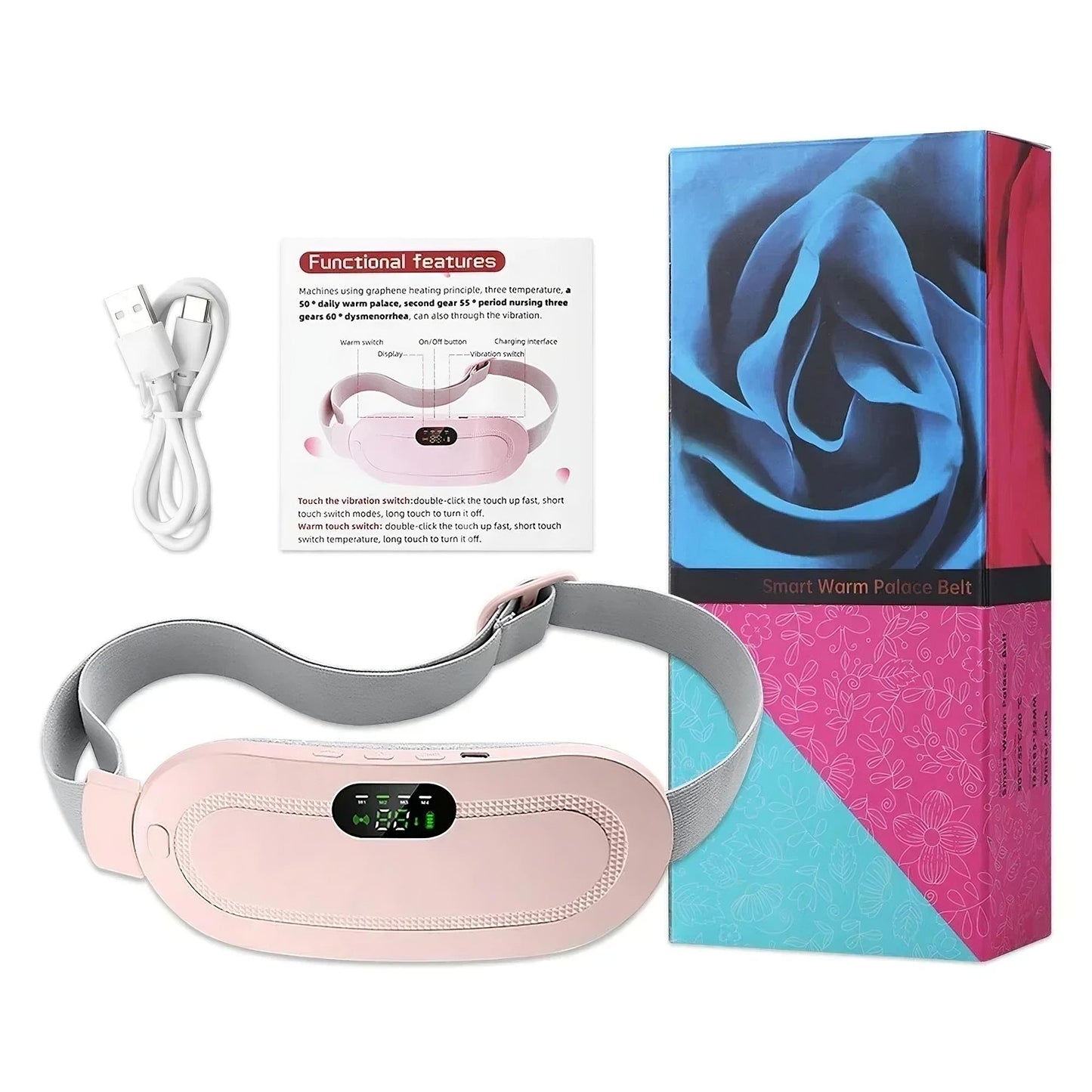 Menstrual heating belt in pink color with massage function for cramps relief and abdominal comfort (Color: Pink)