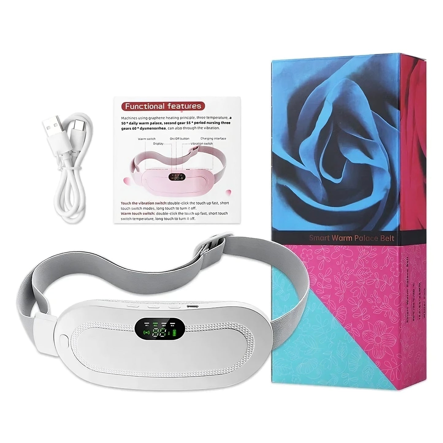 Menstrual heating belt in white color with massage function for cramps relief and abdominal comfort (Color: White)