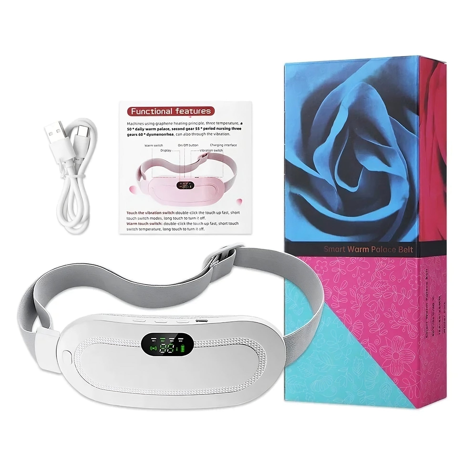Menstrual heating belt in white color with massage function for cramps relief and abdominal comfort (Color: White)