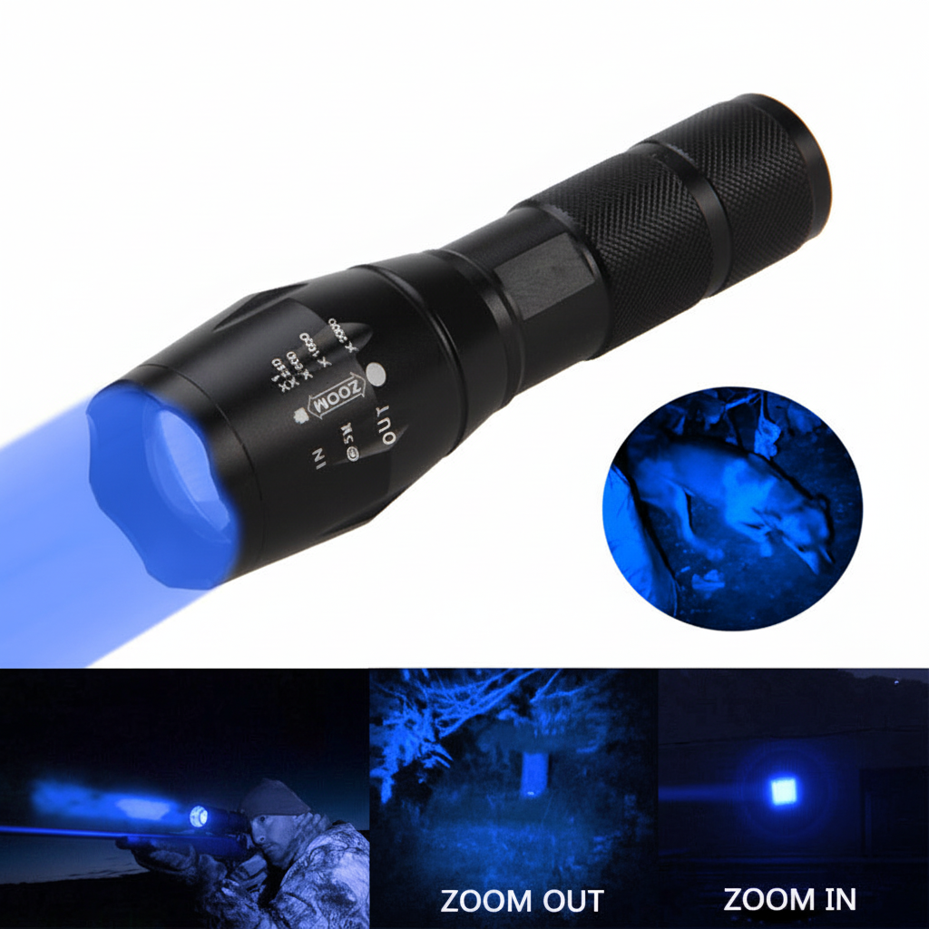 Mini LED zoomable flashlight with blue light with adjustable focus for camping, hiking, and everyday carry (Color: Blue)