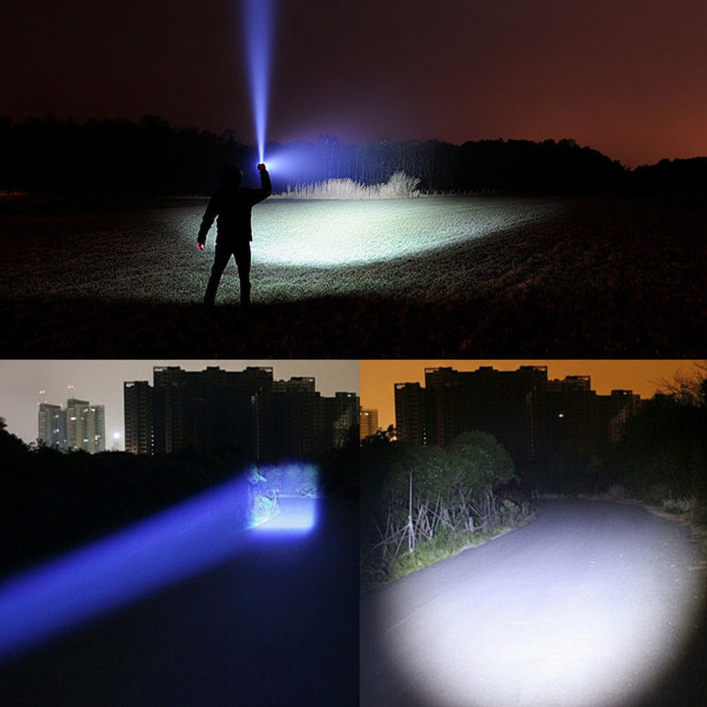 Mini LED zoomable flashlight with adjustable focus for camping, hiking, and everyday carry depiction of lighting