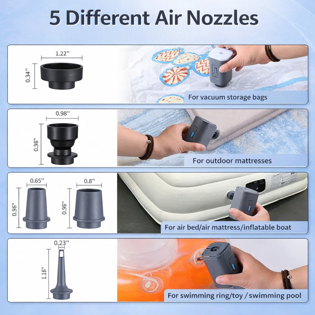 Mini portable air pump with multiple nozzles for inflating air mattresses pool floats and more depiction of 5 different air nozzles