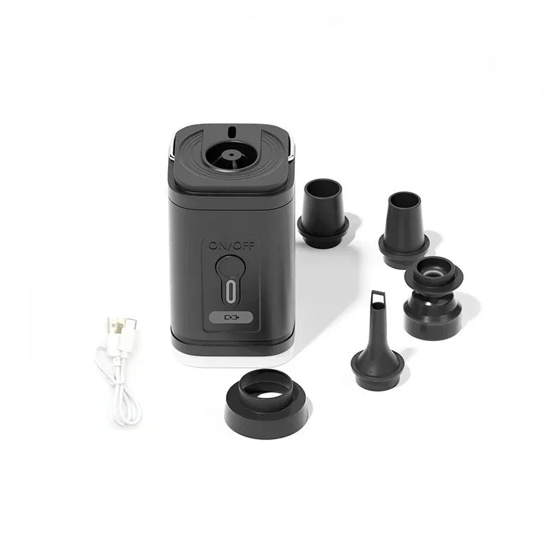 Mini portable air pump in black color with multiple nozzles for inflating air mattresses pool floats and more (Color: Black)