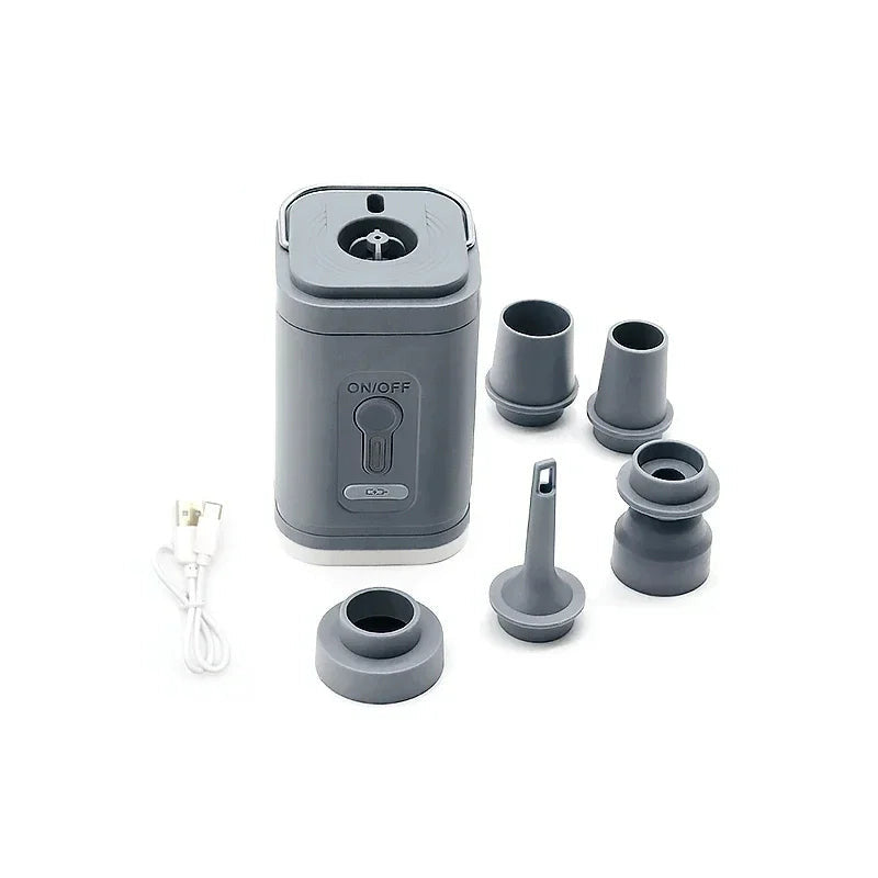 Mini portable air pump in gray color with multiple nozzles for inflating air mattresses pool floats and more (Color: Gray)
