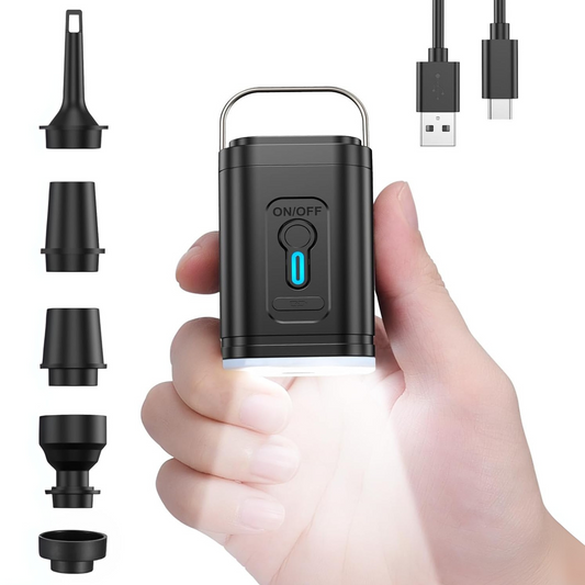 Mini portable air pump with multiple nozzles for inflating air mattresses pool floats and more