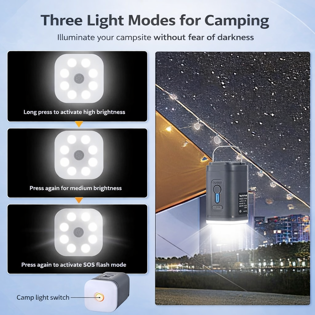 Mini portable air pump with multiple nozzles for inflating air mattresses pool floats and more depiction of three light modes