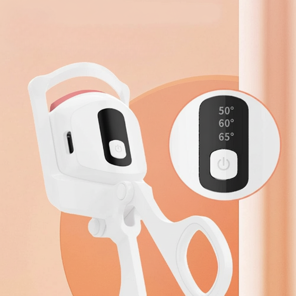 Mini portable eyelash curler with gentle heat for long lasting lash curls and easy styling depiction of heating feature