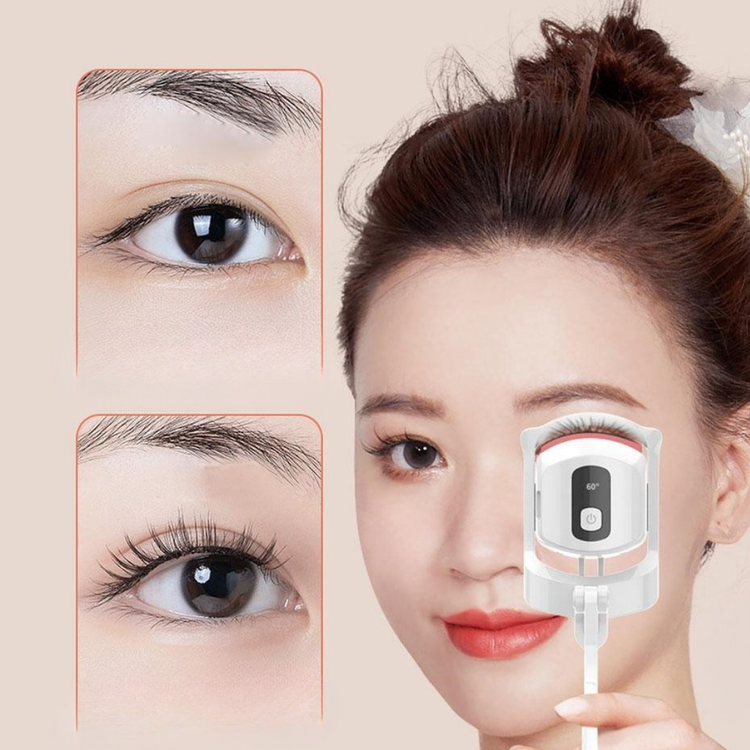 Mini portable eyelash curler with gentle heat for long lasting lash curls and easy styling model shot