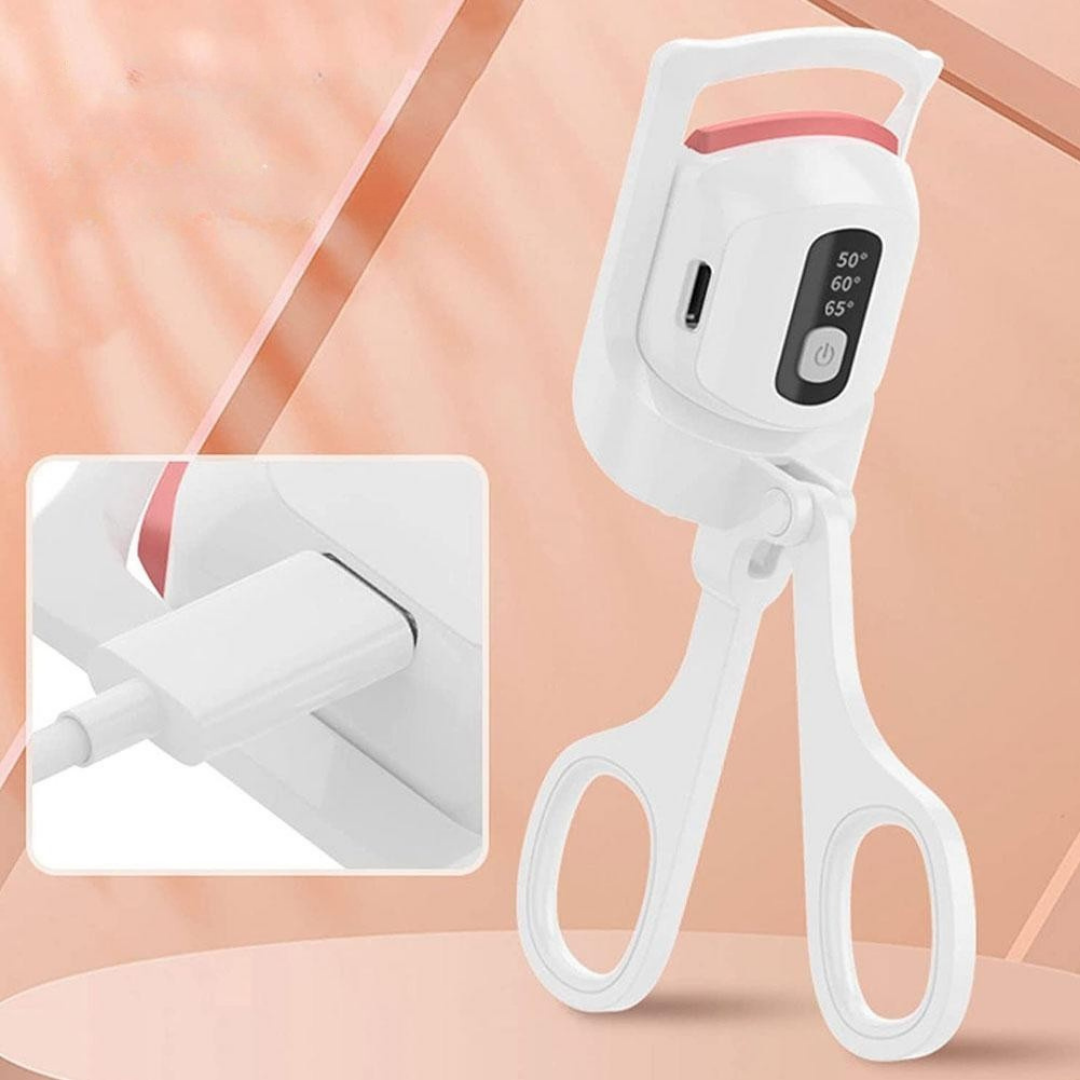 Mini portable eyelash curler with gentle heat for long lasting lash curls and easy styling depiction of type-c rechargeable feature