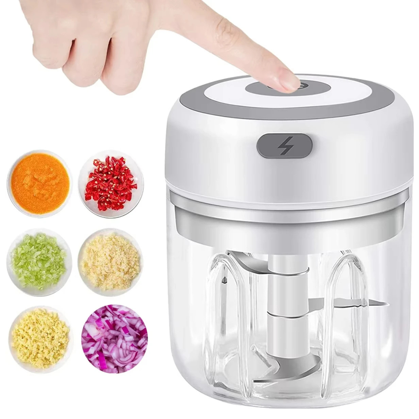 Electric mini portable food chopper for quick chopping of vegetables garlic and ingredients depiction of switching on with a single press