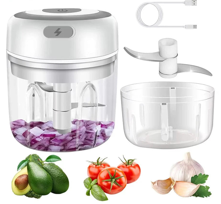 Electric mini portable food chopper for quick chopping of vegetables garlic and ingredients depiction of contents
