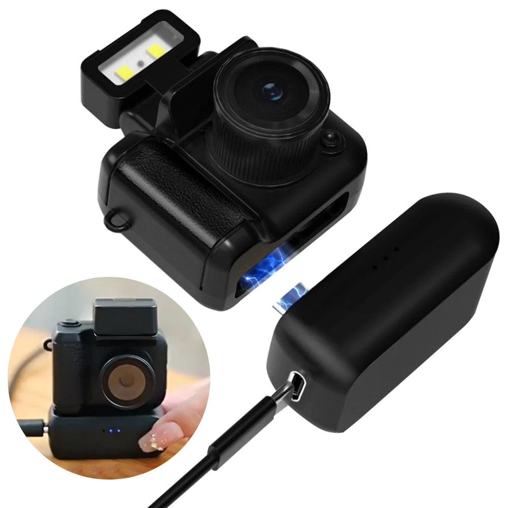 Mini retro camera with 1080p recording compact design display screen and extra battery depiction of additional battery