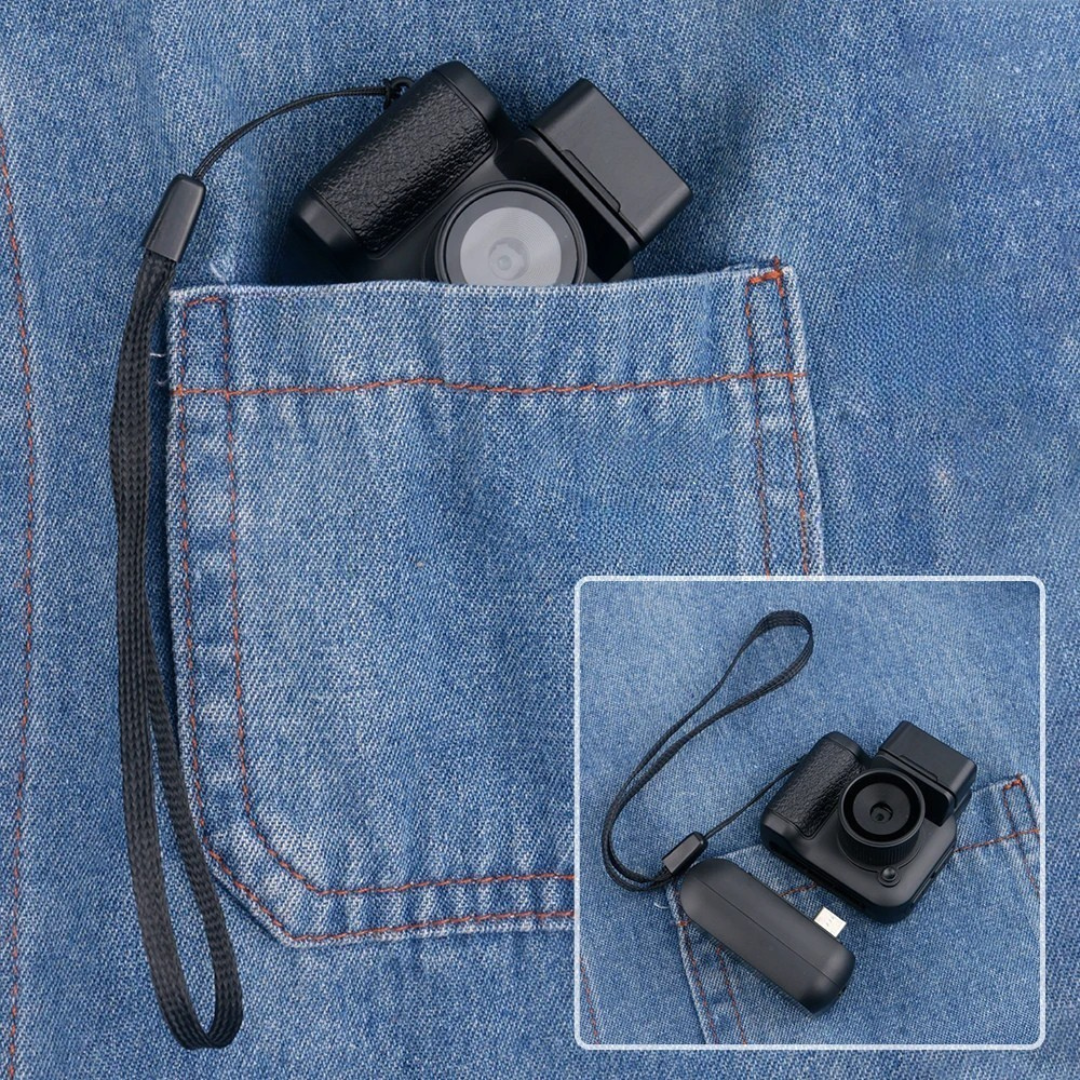 Mini retro camera with 1080p recording compact design display screen and extra battery depiction of pocket size