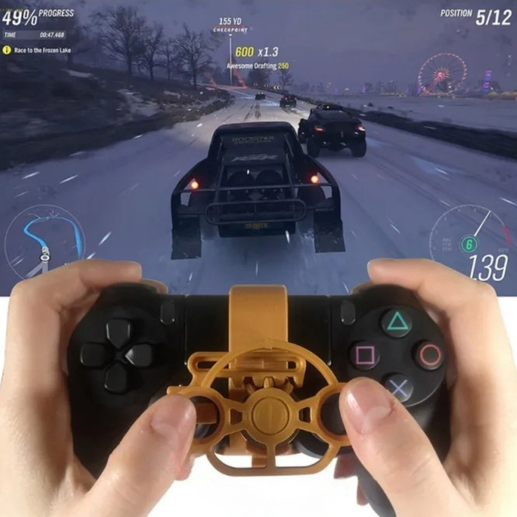 Mini steering wheel attachment for PS4 controller for racing games and improved control depiction of use and play