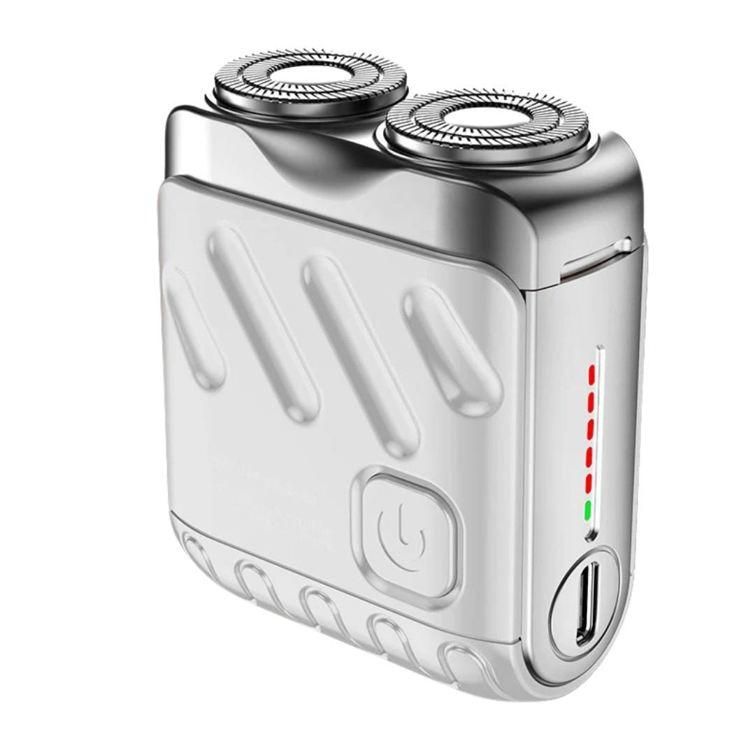 Mini waterproof dual rotary shaver in gray color with compact travel friendly design for smooth wet and dry grooming (Color: Gray)