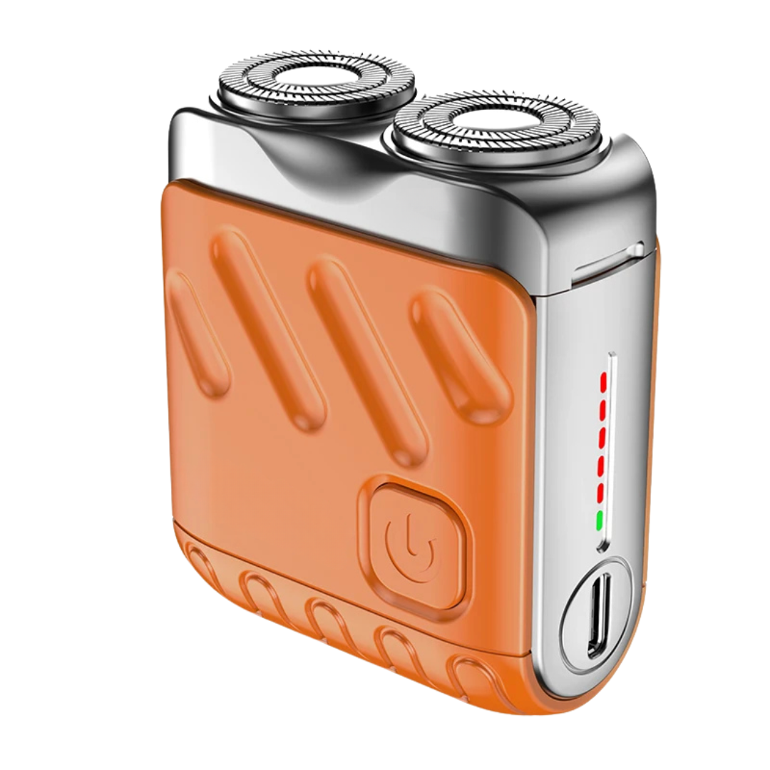 Mini waterproof dual rotary shaver in orange color with compact travel friendly design for smooth wet and dry grooming (Color: Orange)