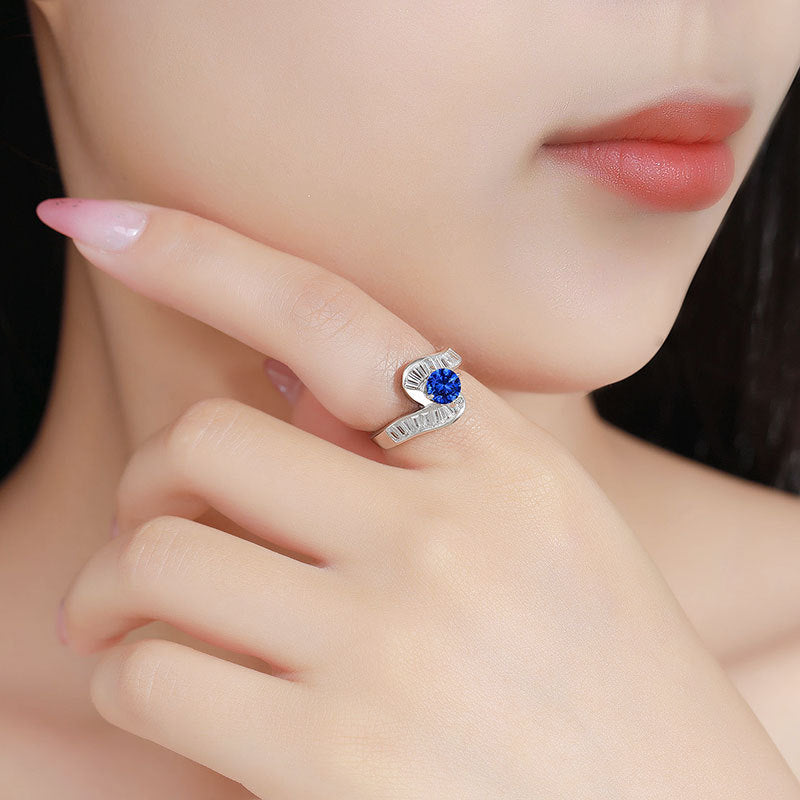 Minimalist zircon silver ring in blue color with elegant geometric design for everyday wear (Color: Blue)