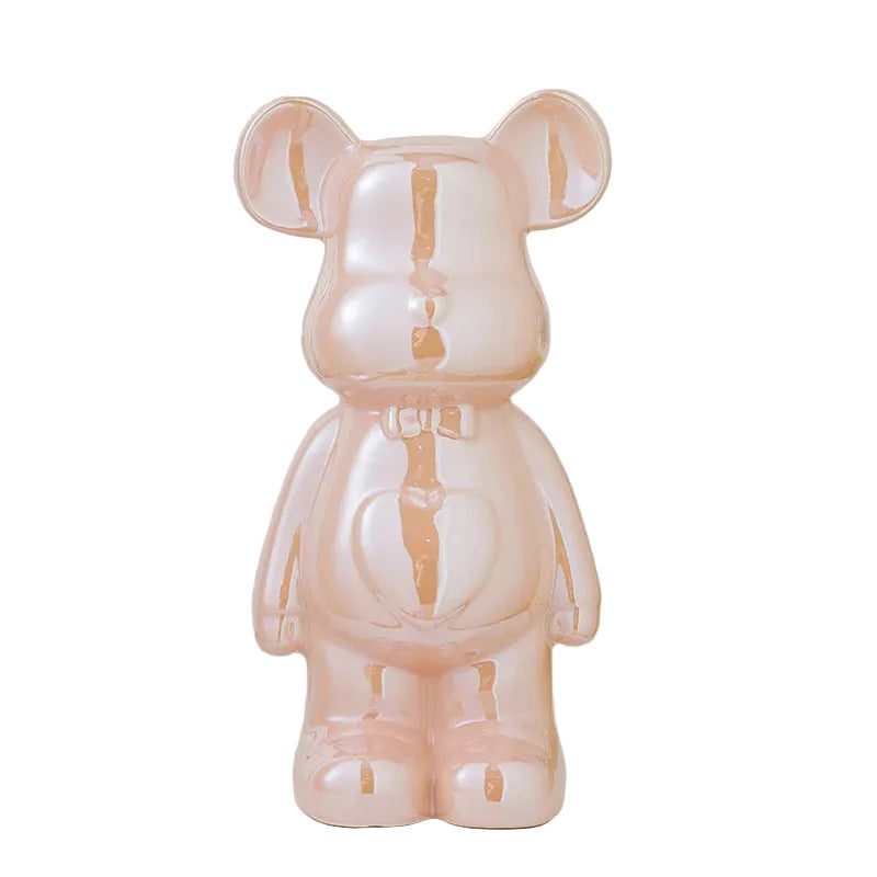 Modern ceramic bear statue in pink color for shelves desks and aesthetic home decor styling (Color: Pink)