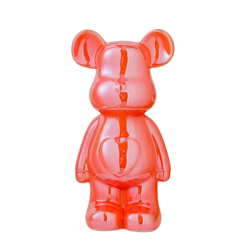 Modern ceramic bear statue in red color for shelves desks and aesthetic home decor styling (Color: Red)