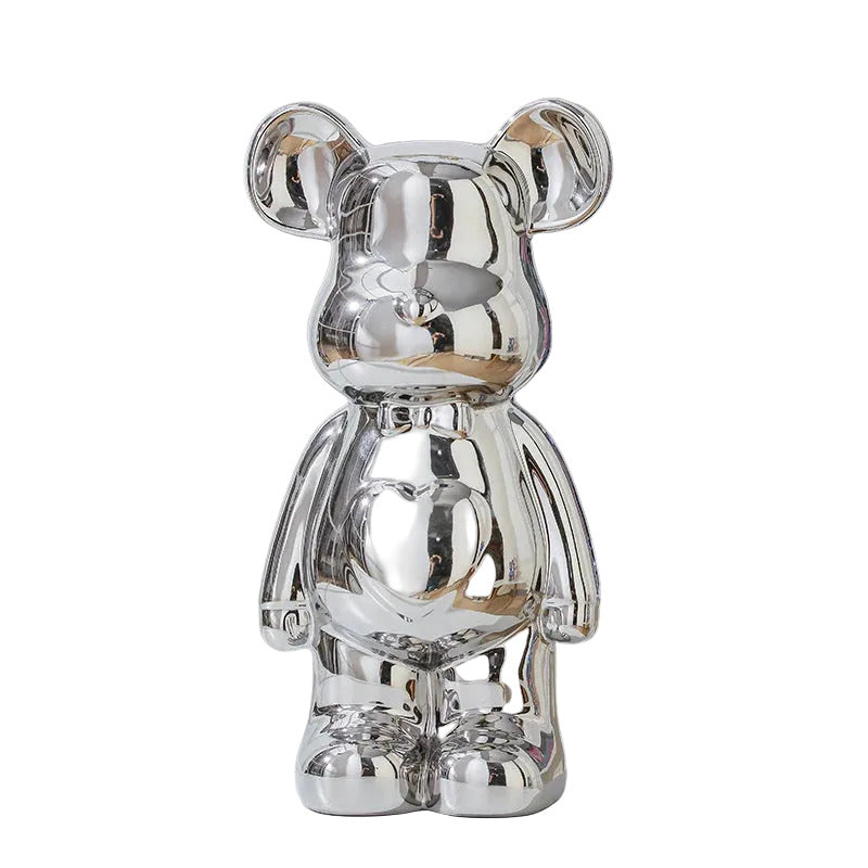 Modern ceramic bear statue in silver color for shelves desks and aesthetic home decor styling (Color: Silver)