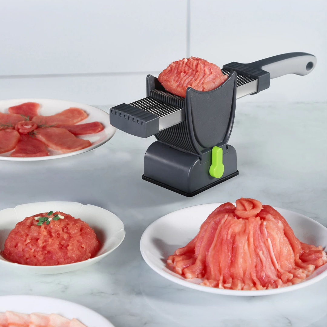 Multi blade meat slicer with stainless steel blades for fast and even slicing of fresh meat depiction of adjustable thickness