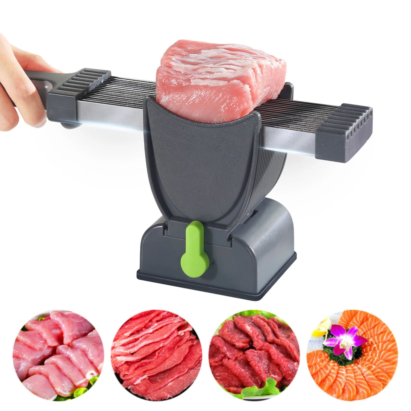 Multi blade meat slicer with stainless steel blades for fast and even slicing of fresh meat product shot