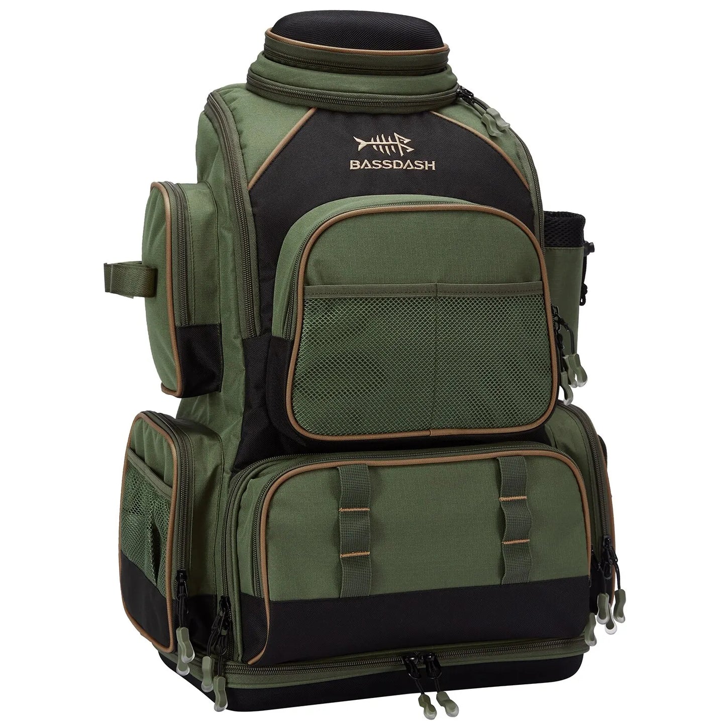 Multifunctional fishing tackle backpack in army green color with rod holders waterproof base and multiple storage compartments (Color: Army Green)