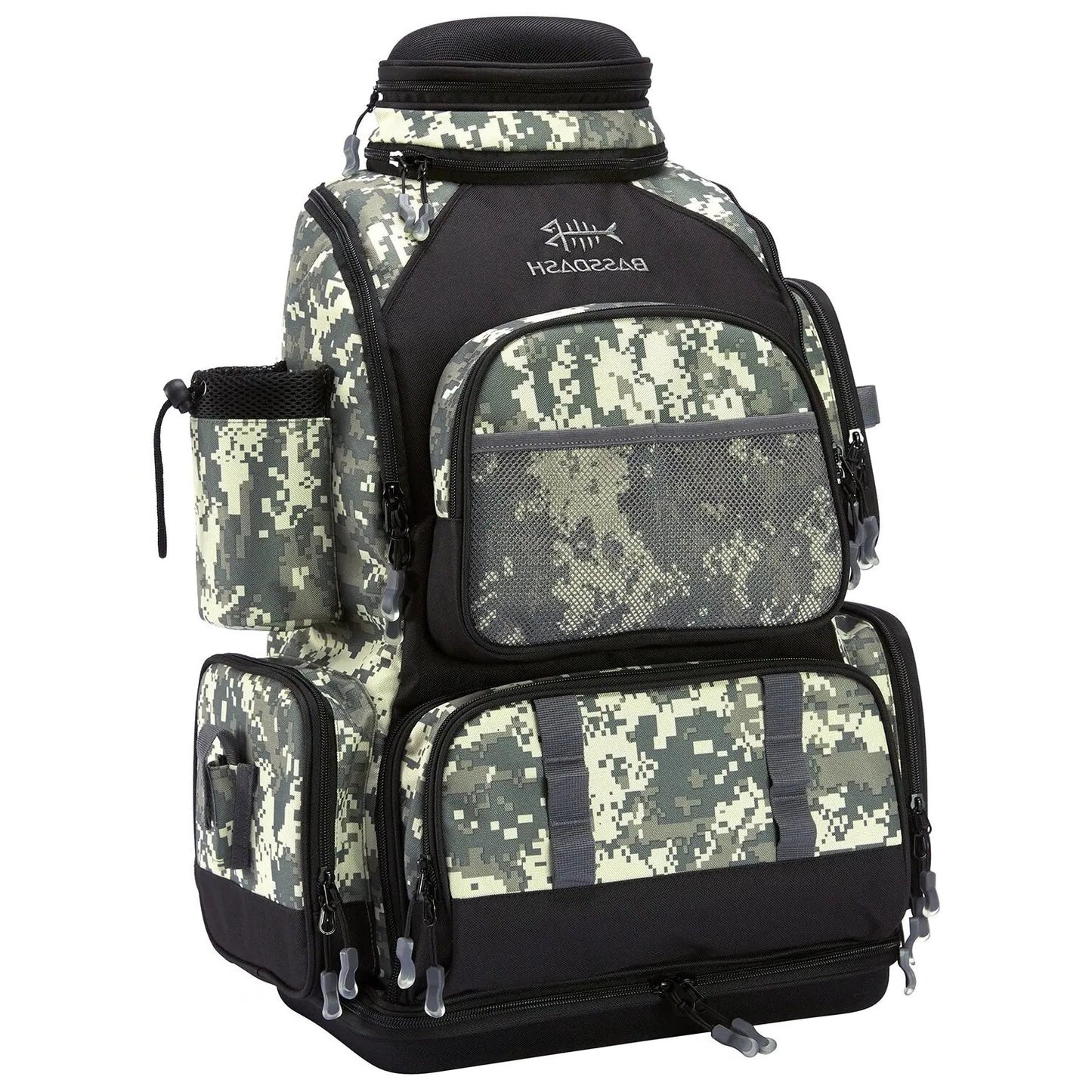 Multifunctional fishing tackle backpack in jungle camo color with rod holders waterproof base and multiple storage compartments (Color: Jungle Camo)