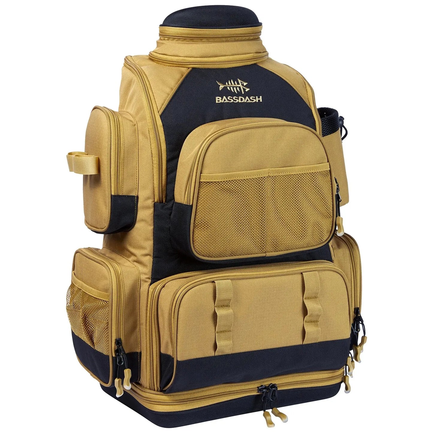 Multifunctional fishing tackle backpack in khaki color with rod holders waterproof base and multiple storage compartments (Color: Khaki)