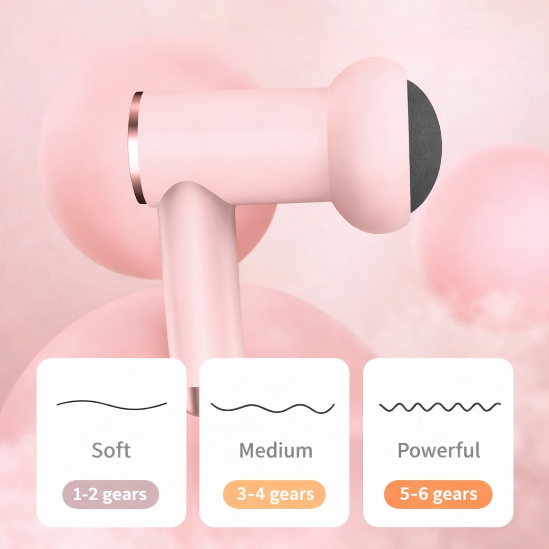 Muscle relaxation massage gun with interchangeable heads for deep tissue relief and recovery depiction of 6 gears