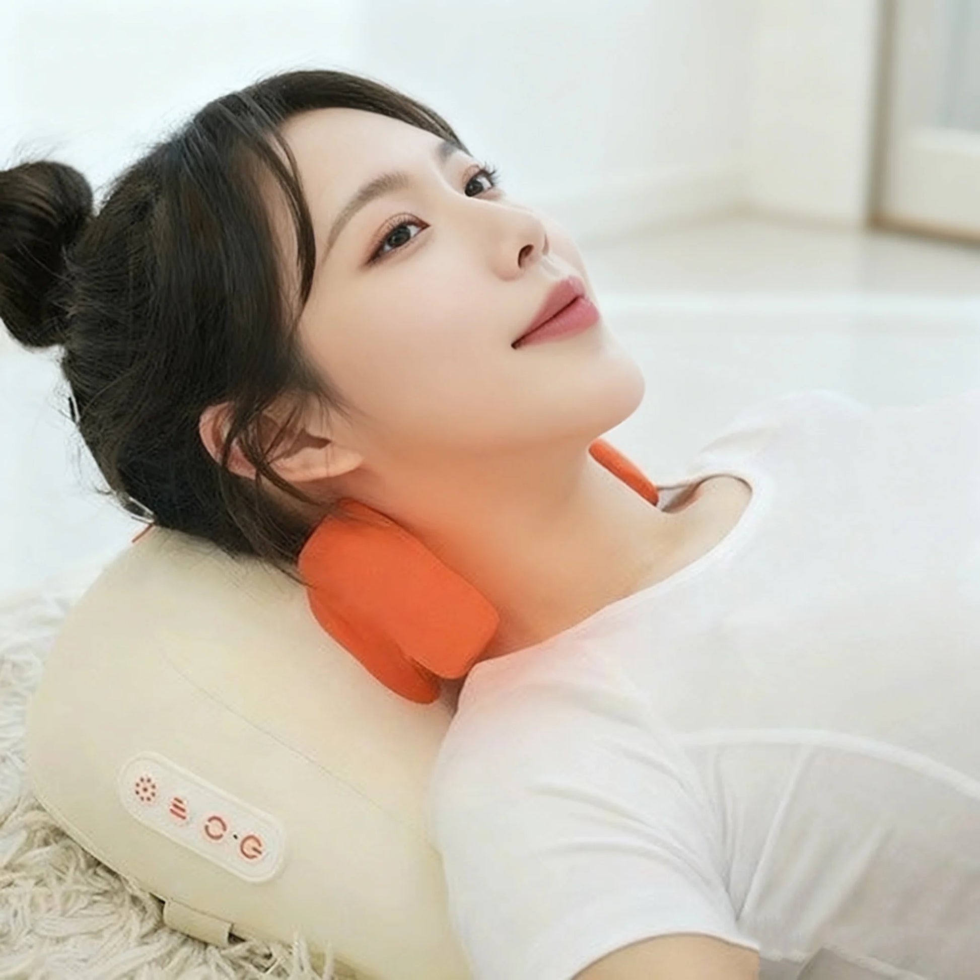 Neck and shoulder massage pillow with heat function and deep kneading massage nodes for relaxation model shot