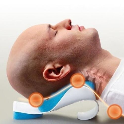 Neck and shoulder relief pillow for posture support stretching and relaxation during travel or rest model shot