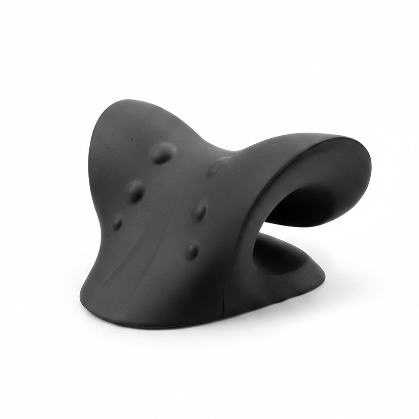 Neck stretcher and relaxer cushion in black color with ergonomic foam design for cervical support and posture alignment (Color: Black)