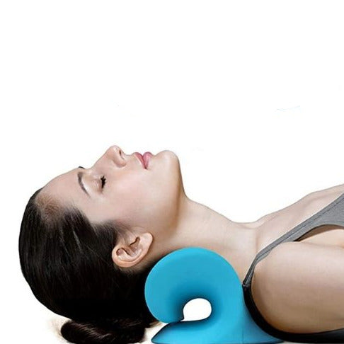 Neck stretcher and relaxer cushion with ergonomic foam design for cervical support and posture alignment model shot