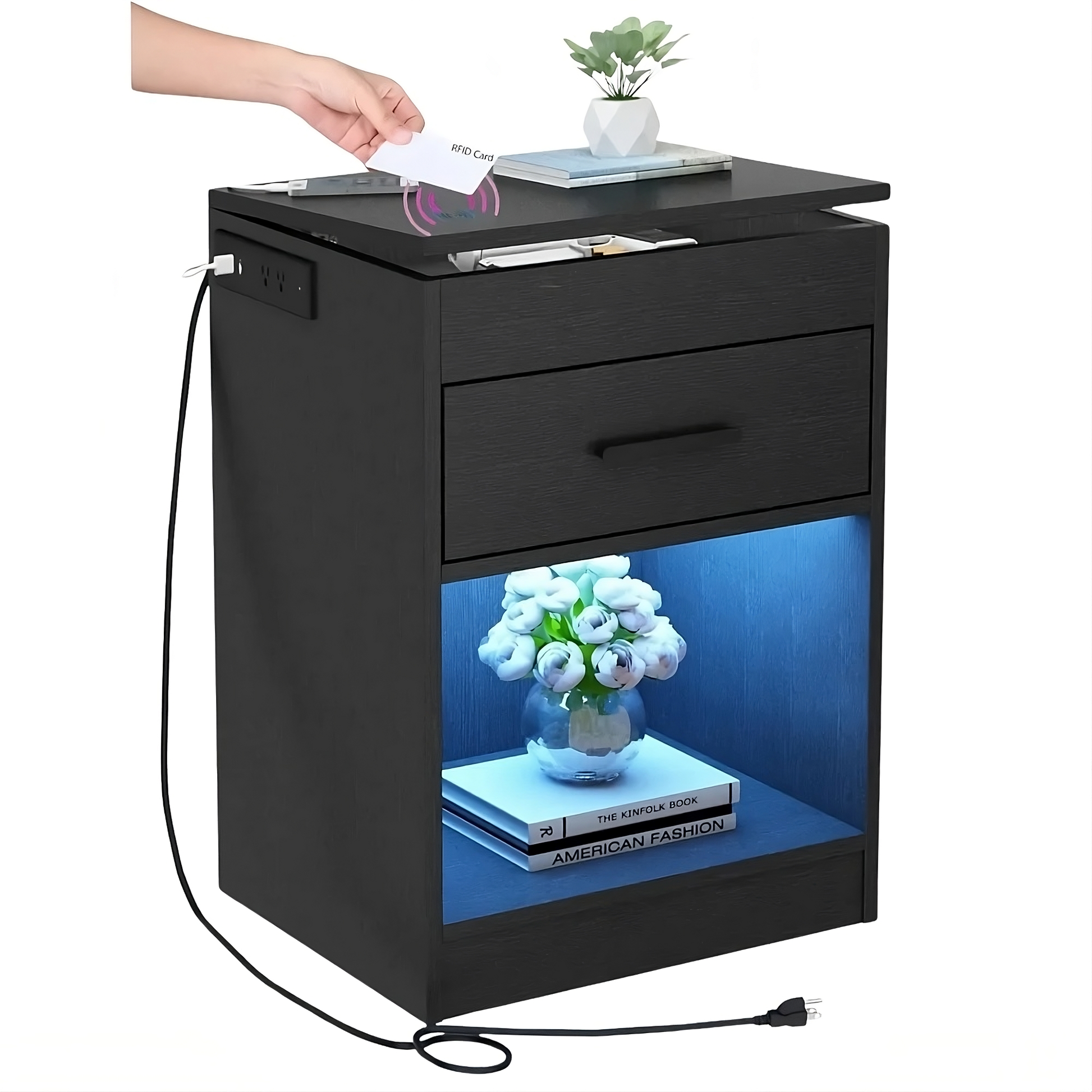 Nightstand in black color with RFID lock hidden compartment and built in USB charging ports with LED lighting (Color: Black)